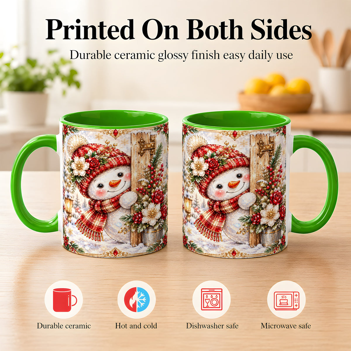 #pl[11oz|Green] Christmas Snowman Coffee Mug, Red Floral Winter Mug, Ceramic Cup