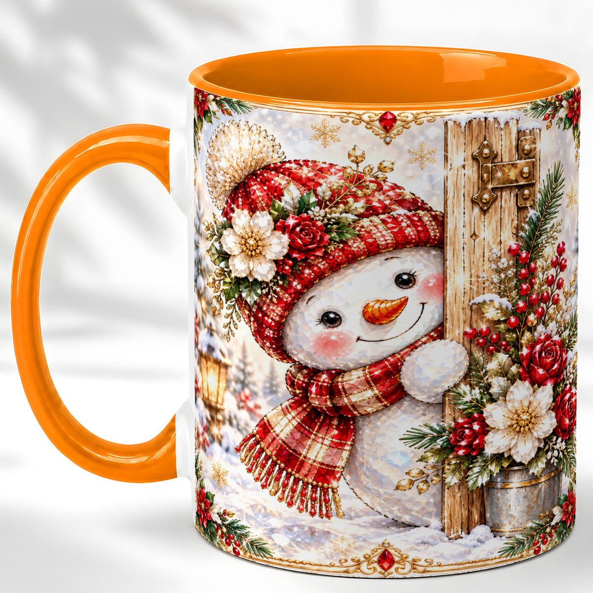 #pl[11oz|Orange] Christmas Snowman Coffee Mug, Red Floral Winter Mug, Ceramic Cup