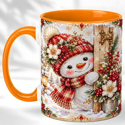 #pl[11oz|Orange] Christmas Snowman Coffee Mug, Red Floral Winter Mug, Ceramic Cup
