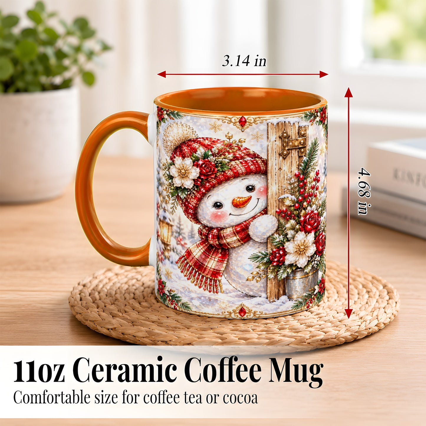 #pl[11oz|Orange] Christmas Snowman Coffee Mug, Red Floral Winter Mug, Ceramic Cup