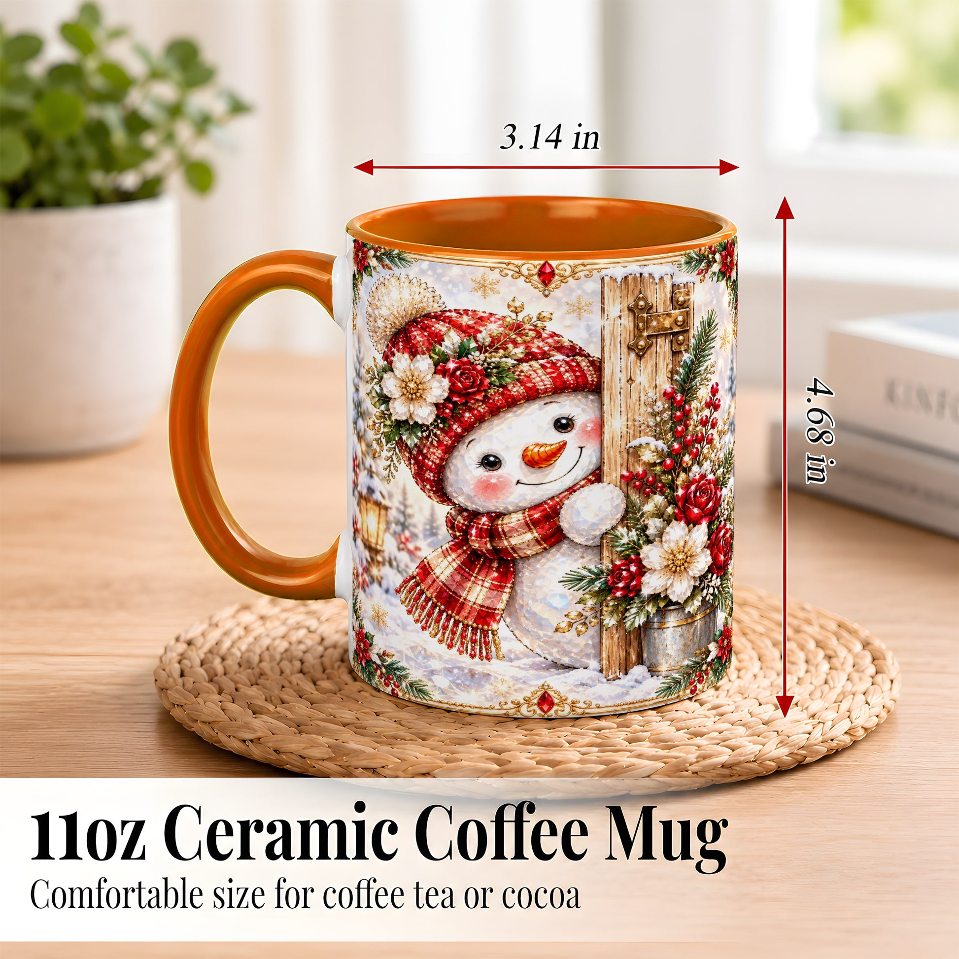 #pl[11oz|Orange] Christmas Snowman Coffee Mug, Red Floral Winter Mug, Ceramic Cup