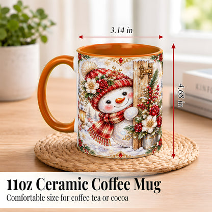 #pl[11oz|Orange] Christmas Snowman Coffee Mug, Red Floral Winter Mug, Ceramic Cup