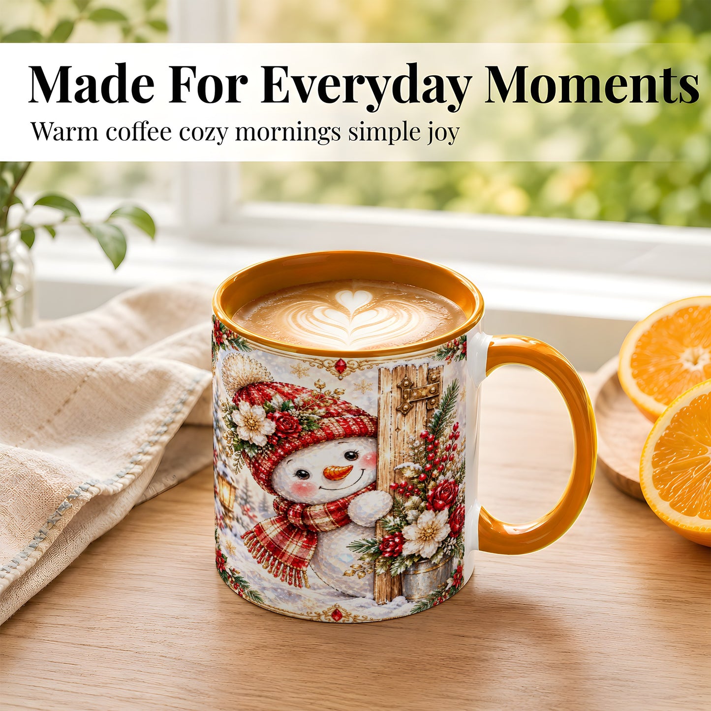 #pl[11oz|Orange] Christmas Snowman Coffee Mug, Red Floral Winter Mug, Ceramic Cup