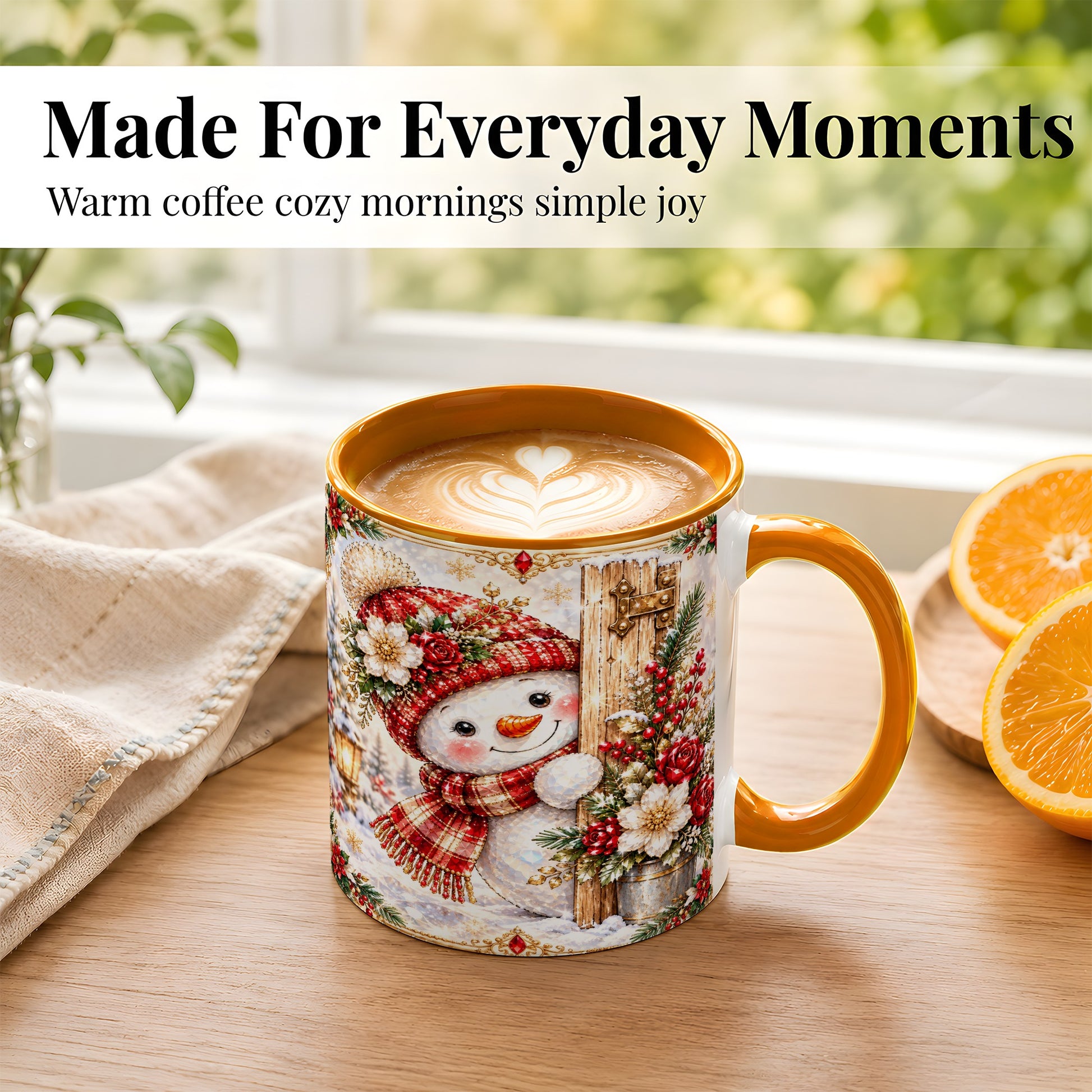 #pl[11oz|Orange] Christmas Snowman Coffee Mug, Red Floral Winter Mug, Ceramic Cup
