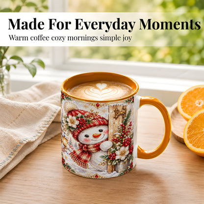 #pl[11oz|Orange] Christmas Snowman Coffee Mug, Red Floral Winter Mug, Ceramic Cup