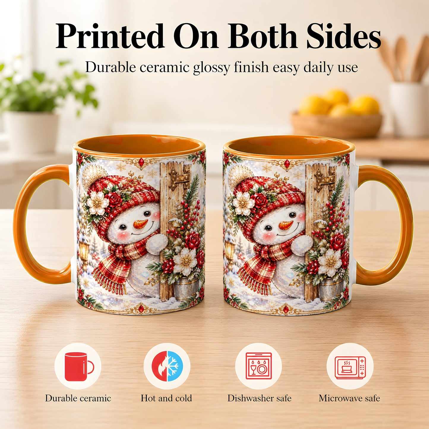 #pl[11oz|Orange] Christmas Snowman Coffee Mug, Red Floral Winter Mug, Ceramic Cup
