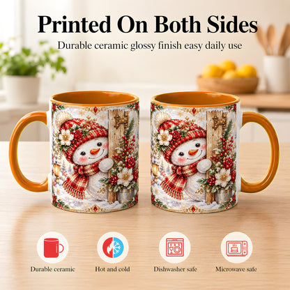 #pl[11oz|Orange] Christmas Snowman Coffee Mug, Red Floral Winter Mug, Ceramic Cup