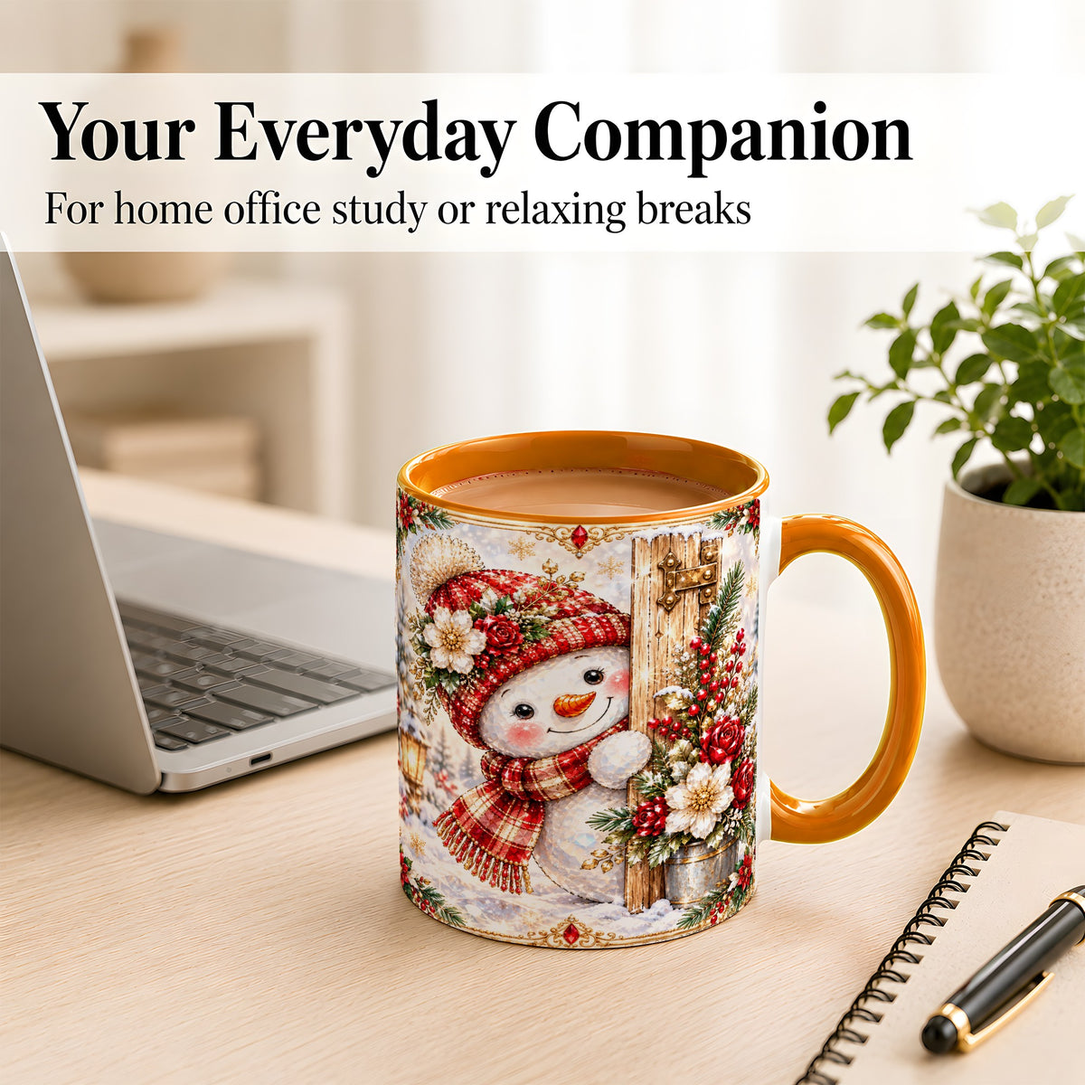 #pl[11oz|Orange] Christmas Snowman Coffee Mug, Red Floral Winter Mug, Ceramic Cup