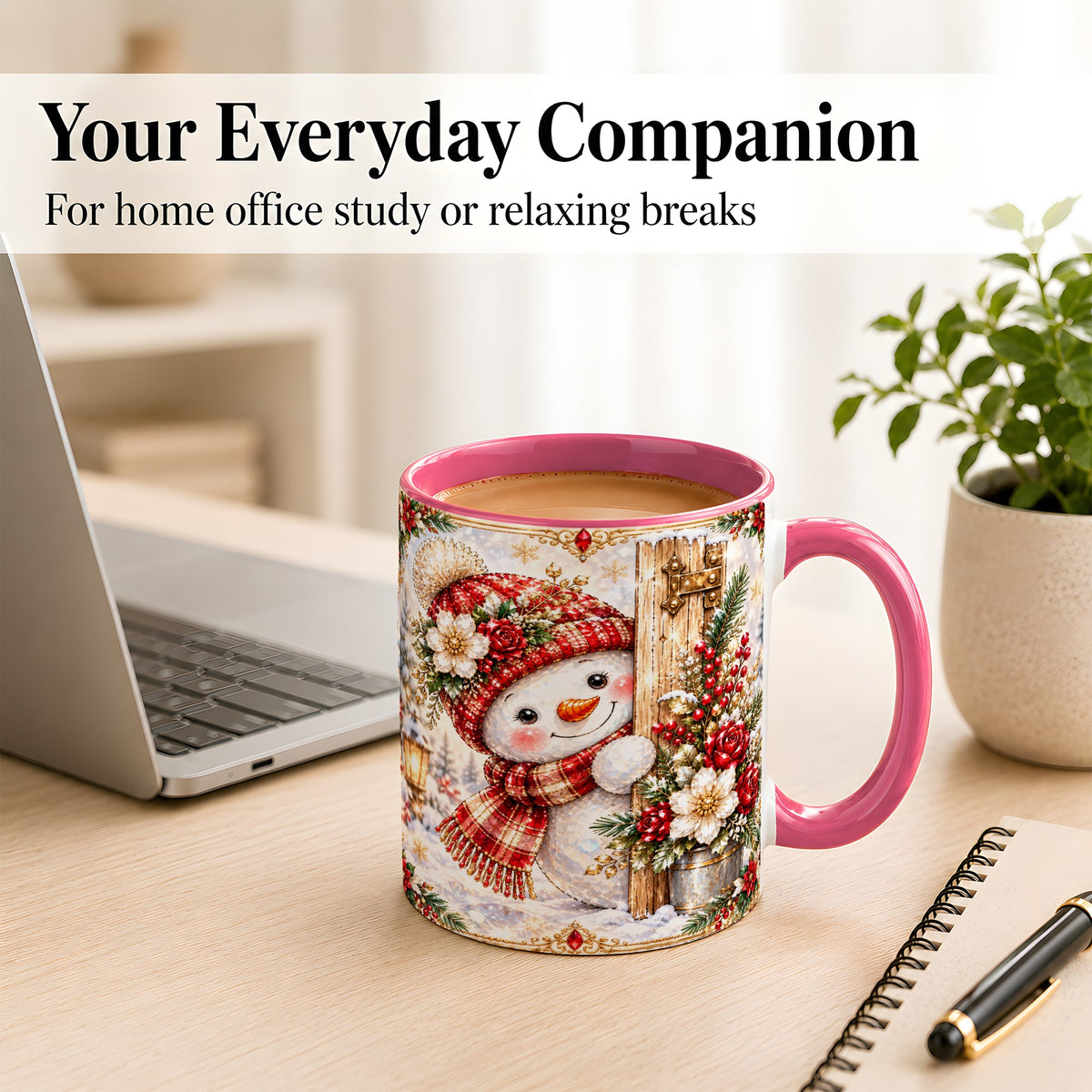 #pl[11oz|Pink] Christmas Snowman Coffee Mug, Red Floral Winter Mug, Ceramic Cup