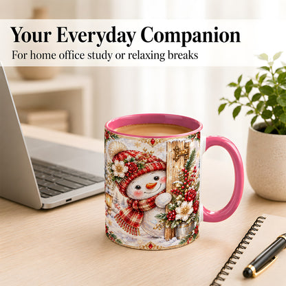 #pl[11oz|Pink] Christmas Snowman Coffee Mug, Red Floral Winter Mug, Ceramic Cup