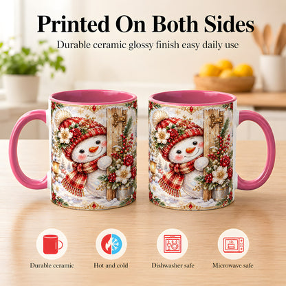 #pl[11oz|Pink] Christmas Snowman Coffee Mug, Red Floral Winter Mug, Ceramic Cup