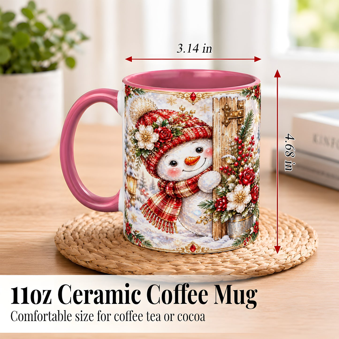 #pl[11oz|Pink] Christmas Snowman Coffee Mug, Red Floral Winter Mug, Ceramic Cup