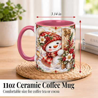 #pl[11oz|Pink] Christmas Snowman Coffee Mug, Red Floral Winter Mug, Ceramic Cup