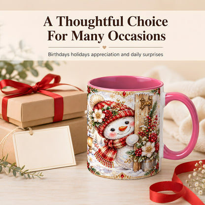 #pl[11oz|Pink] Christmas Snowman Coffee Mug, Red Floral Winter Mug, Ceramic Cup