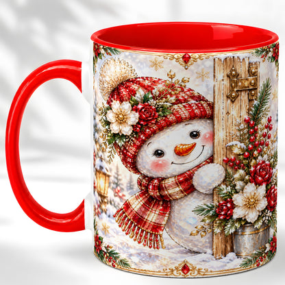 Christmas Snowman Coffee Mug, Red Floral Winter Mug, Ceramic Cup