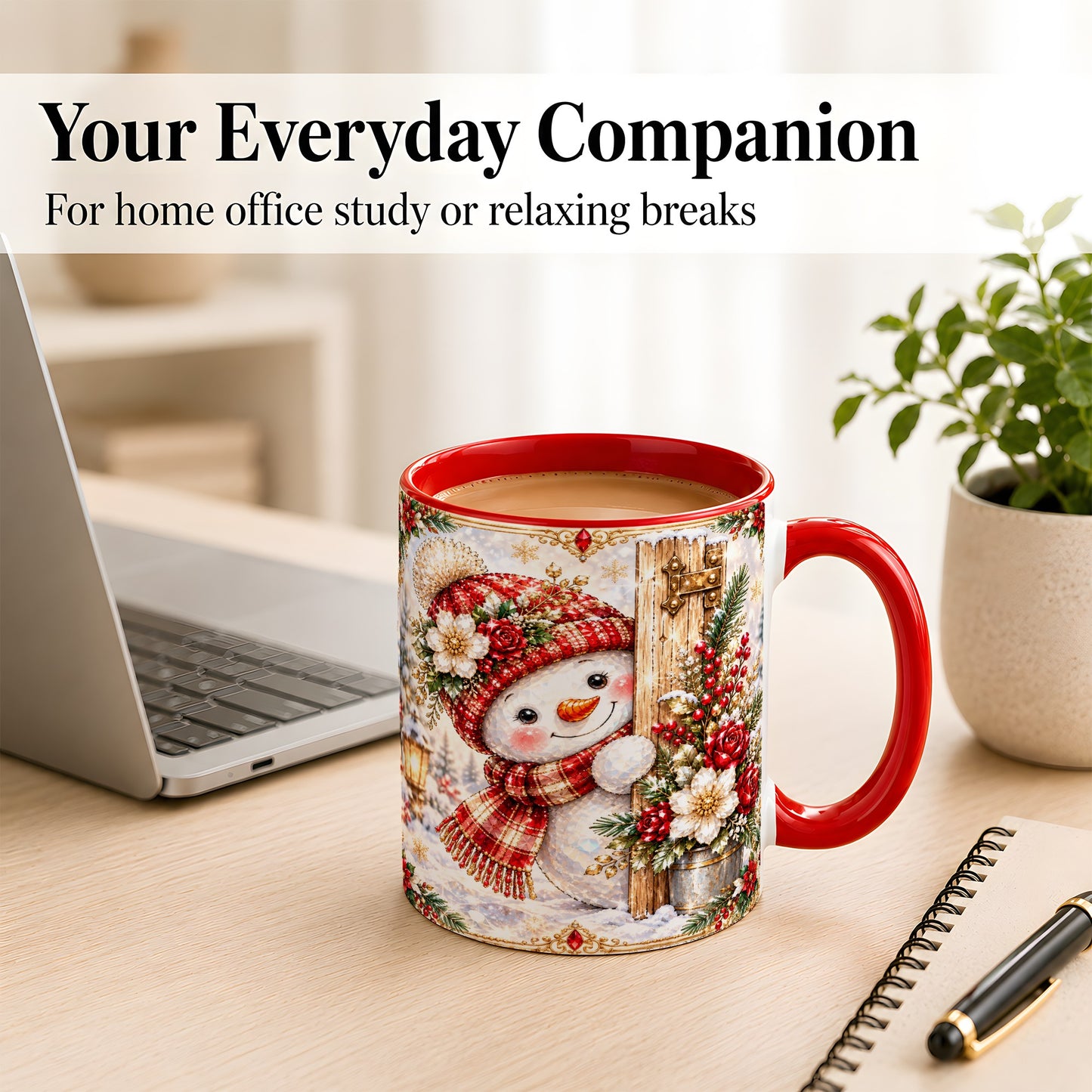 #pl[11oz|Red] Christmas Snowman Coffee Mug, Red Floral Winter Mug, Ceramic Cup
