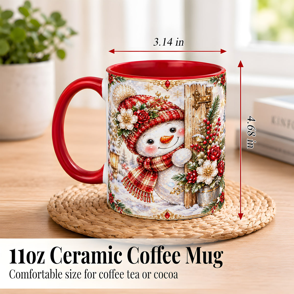#pl[11oz|Red] Christmas Snowman Coffee Mug, Red Floral Winter Mug, Ceramic Cup