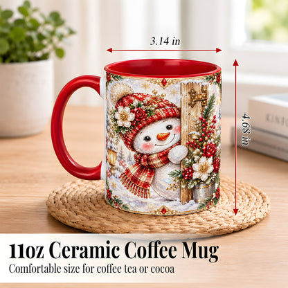 #pl[11oz|Red] Christmas Snowman Coffee Mug, Red Floral Winter Mug, Ceramic Cup