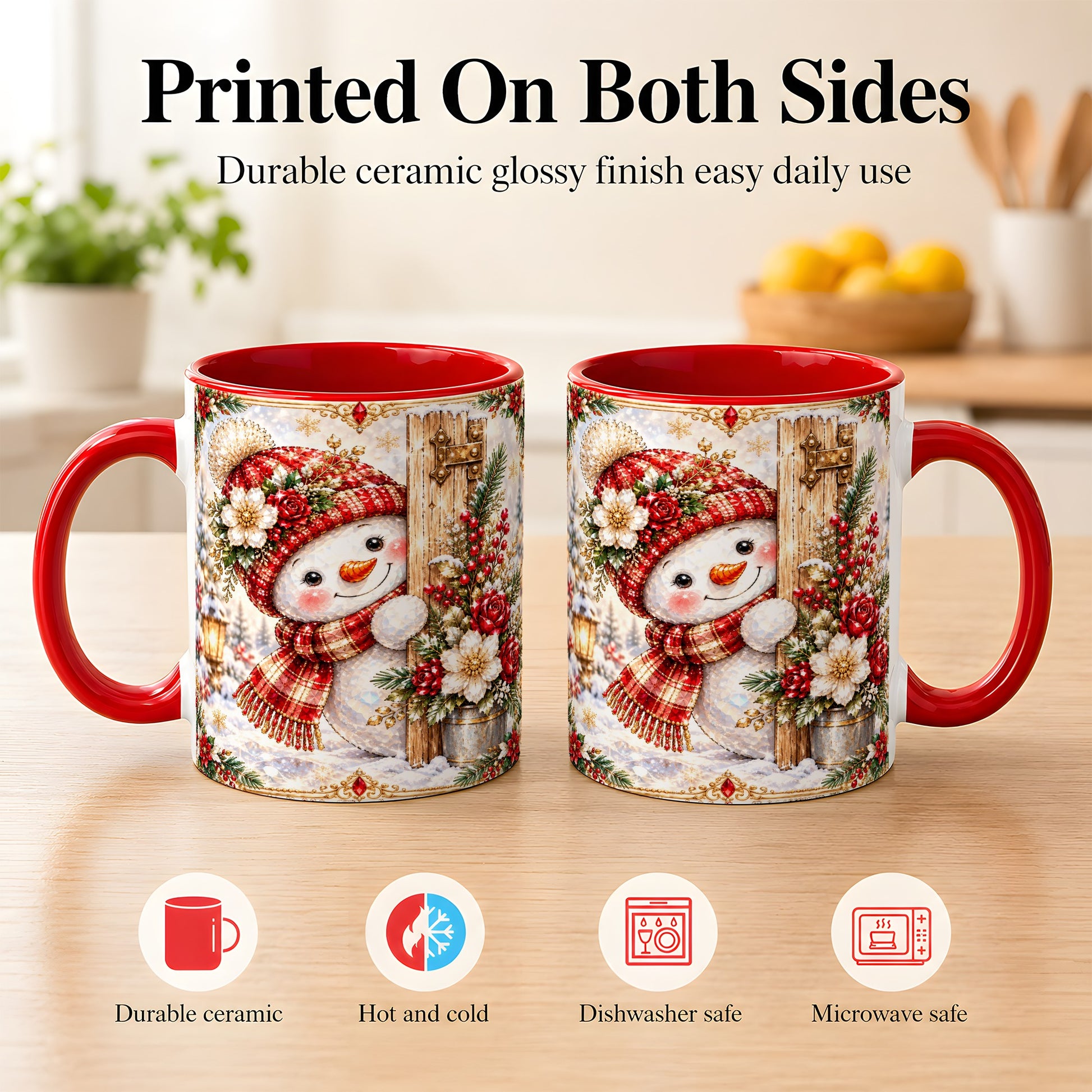 #pl[11oz|Red] Christmas Snowman Coffee Mug, Red Floral Winter Mug, Ceramic Cup