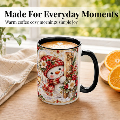 #pl[15oz|Black] Christmas Snowman Coffee Mug, Red Floral Winter Mug, Ceramic Cup