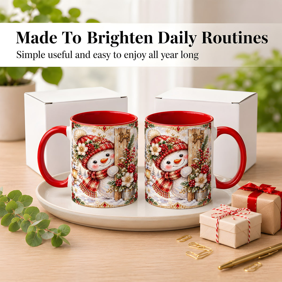 #pl[11oz|Red] Christmas Snowman Coffee Mug, Red Floral Winter Mug, Ceramic Cup