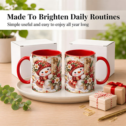 #pl[11oz|Red] Christmas Snowman Coffee Mug, Red Floral Winter Mug, Ceramic Cup