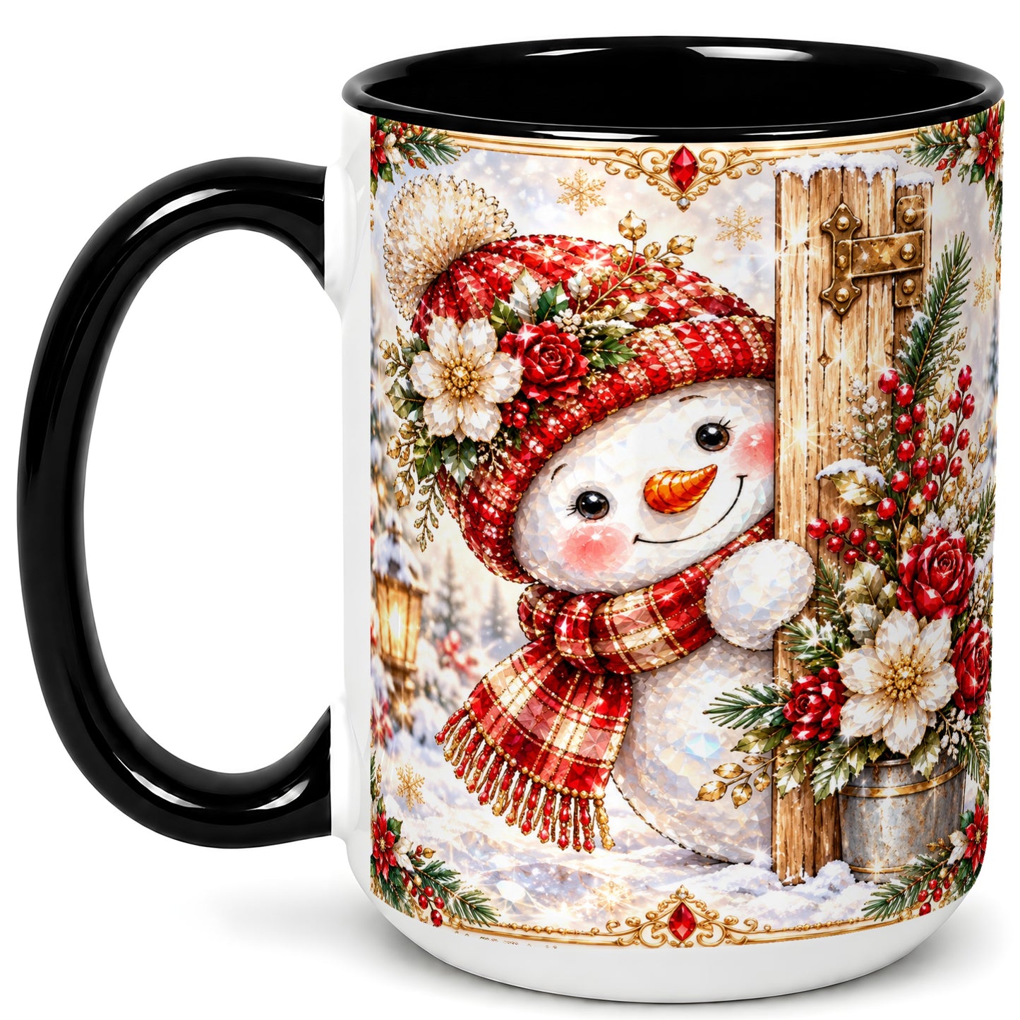 #pl[15oz|Black] Christmas Snowman Coffee Mug, Red Floral Winter Mug, Ceramic Cup