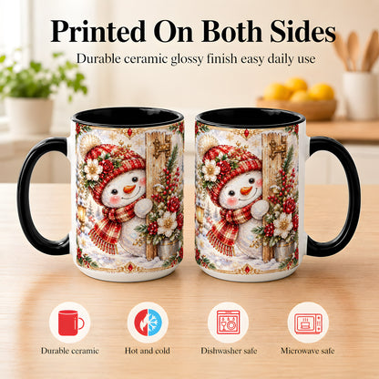 #pl[15oz|Black] Christmas Snowman Coffee Mug, Red Floral Winter Mug, Ceramic Cup