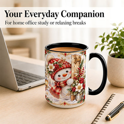 #pl[15oz|Black] Christmas Snowman Coffee Mug, Red Floral Winter Mug, Ceramic Cup
