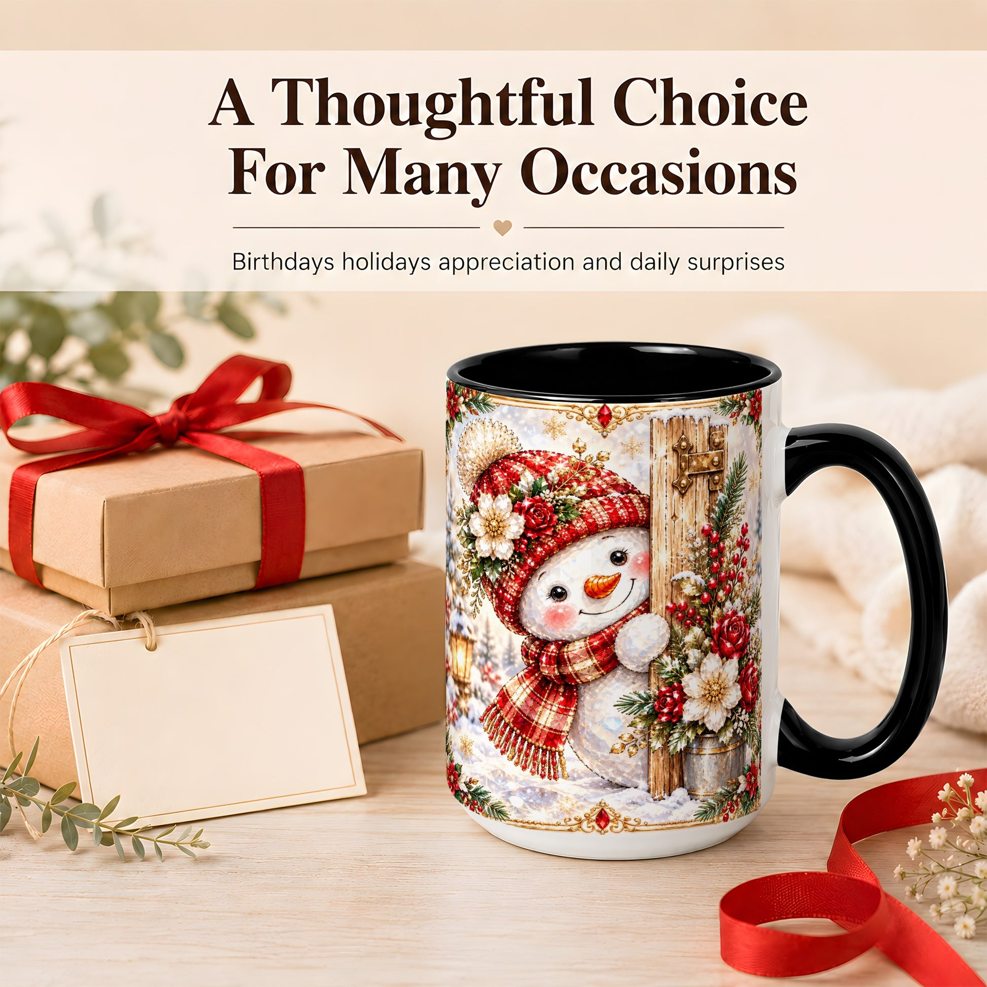#pl[15oz|Black] Christmas Snowman Coffee Mug, Red Floral Winter Mug, Ceramic Cup