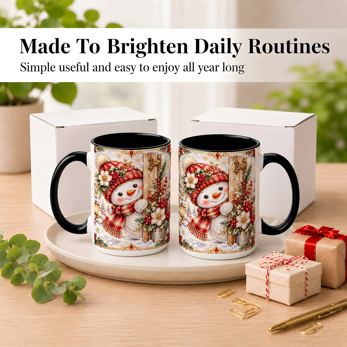 #pl[15oz|Black] Christmas Snowman Coffee Mug, Red Floral Winter Mug, Ceramic Cup