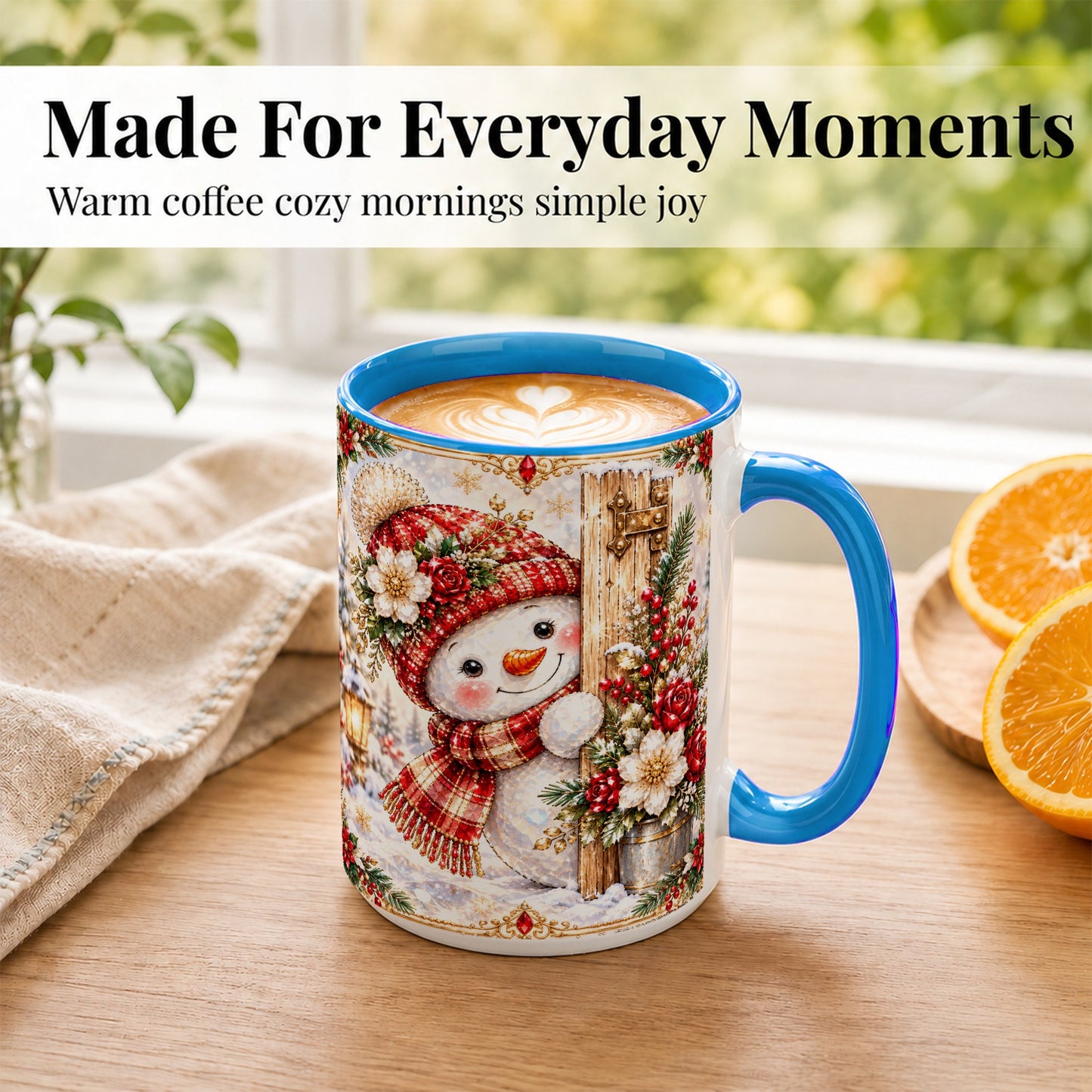 #pl[15oz|Blue] Christmas Snowman Coffee Mug, Red Floral Winter Mug, Ceramic Cup