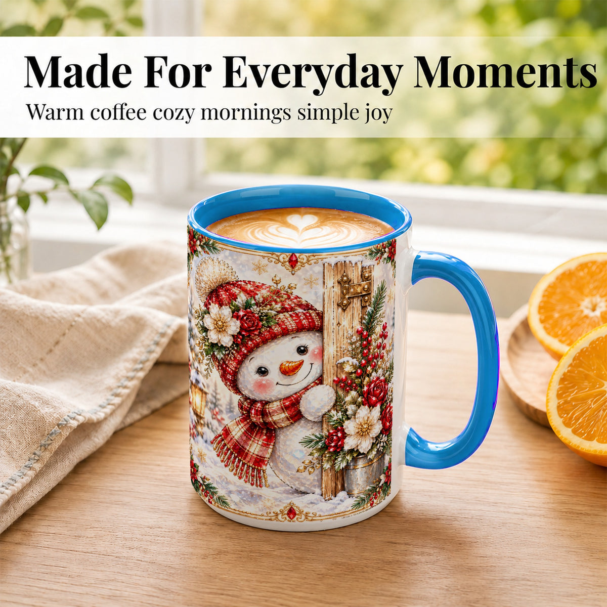 #pl[15oz|Blue] Christmas Snowman Coffee Mug, Red Floral Winter Mug, Ceramic Cup