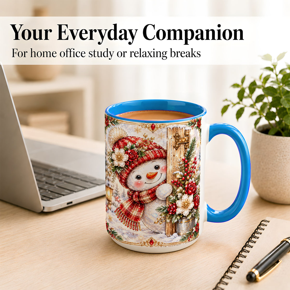 #pl[15oz|Blue] Christmas Snowman Coffee Mug, Red Floral Winter Mug, Ceramic Cup
