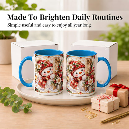 #pl[15oz|Blue] Christmas Snowman Coffee Mug, Red Floral Winter Mug, Ceramic Cup