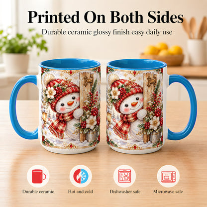 #pl[15oz|Blue] Christmas Snowman Coffee Mug, Red Floral Winter Mug, Ceramic Cup