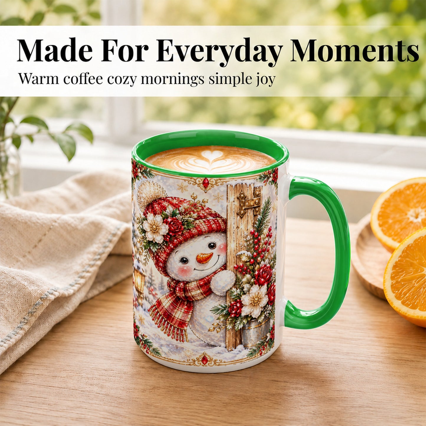 #pl[15oz|Green] Christmas Snowman Coffee Mug, Red Floral Winter Mug, Ceramic Cup