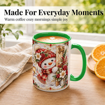 #pl[15oz|Green] Christmas Snowman Coffee Mug, Red Floral Winter Mug, Ceramic Cup