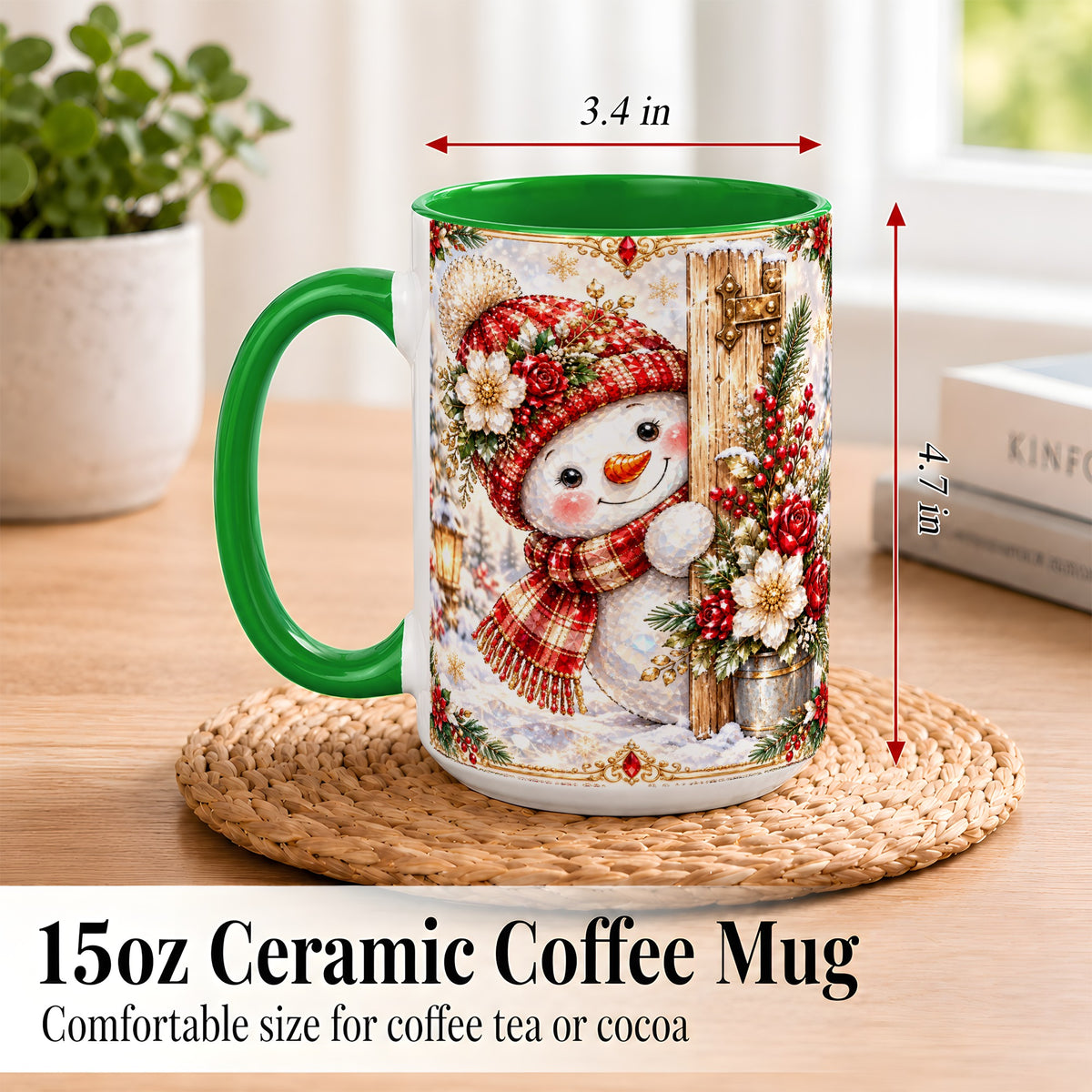 #pl[15oz|Green] Christmas Snowman Coffee Mug, Red Floral Winter Mug, Ceramic Cup