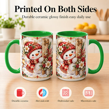 #pl[15oz|Green] Christmas Snowman Coffee Mug, Red Floral Winter Mug, Ceramic Cup