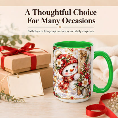 #pl[15oz|Green] Christmas Snowman Coffee Mug, Red Floral Winter Mug, Ceramic Cup