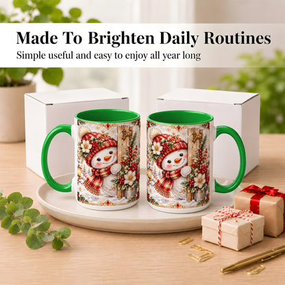 #pl[15oz|Green] Christmas Snowman Coffee Mug, Red Floral Winter Mug, Ceramic Cup