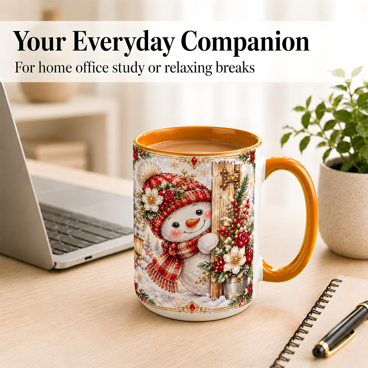 #pl[15oz|Orange] Christmas Snowman Coffee Mug, Red Floral Winter Mug, Ceramic Cup