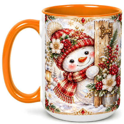 #pl[15oz|Orange] Christmas Snowman Coffee Mug, Red Floral Winter Mug, Ceramic Cup