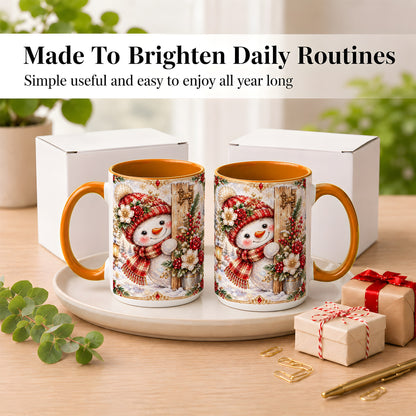 #pl[15oz|Orange] Christmas Snowman Coffee Mug, Red Floral Winter Mug, Ceramic Cup