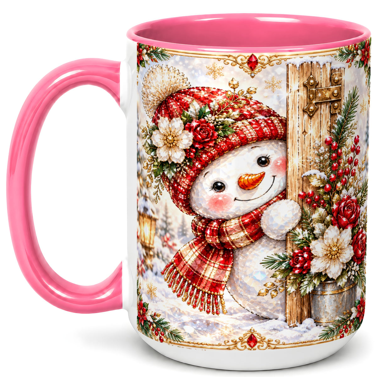 #pl[15oz|Pink] Christmas Snowman Coffee Mug, Red Floral Winter Mug, Ceramic Cup