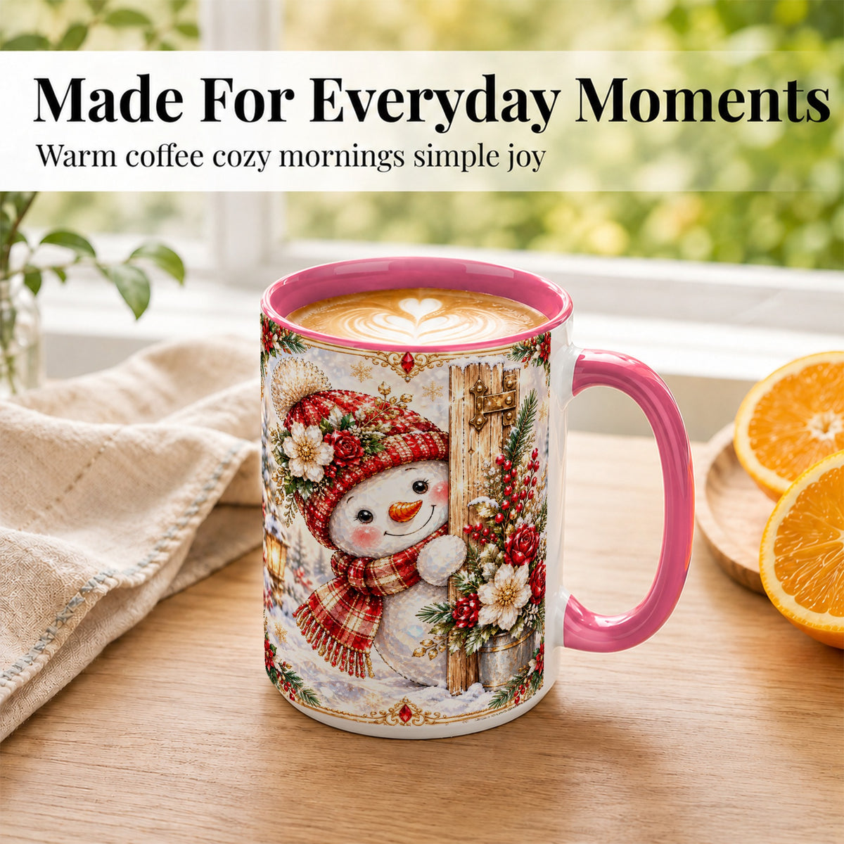 #pl[15oz|Pink] Christmas Snowman Coffee Mug, Red Floral Winter Mug, Ceramic Cup