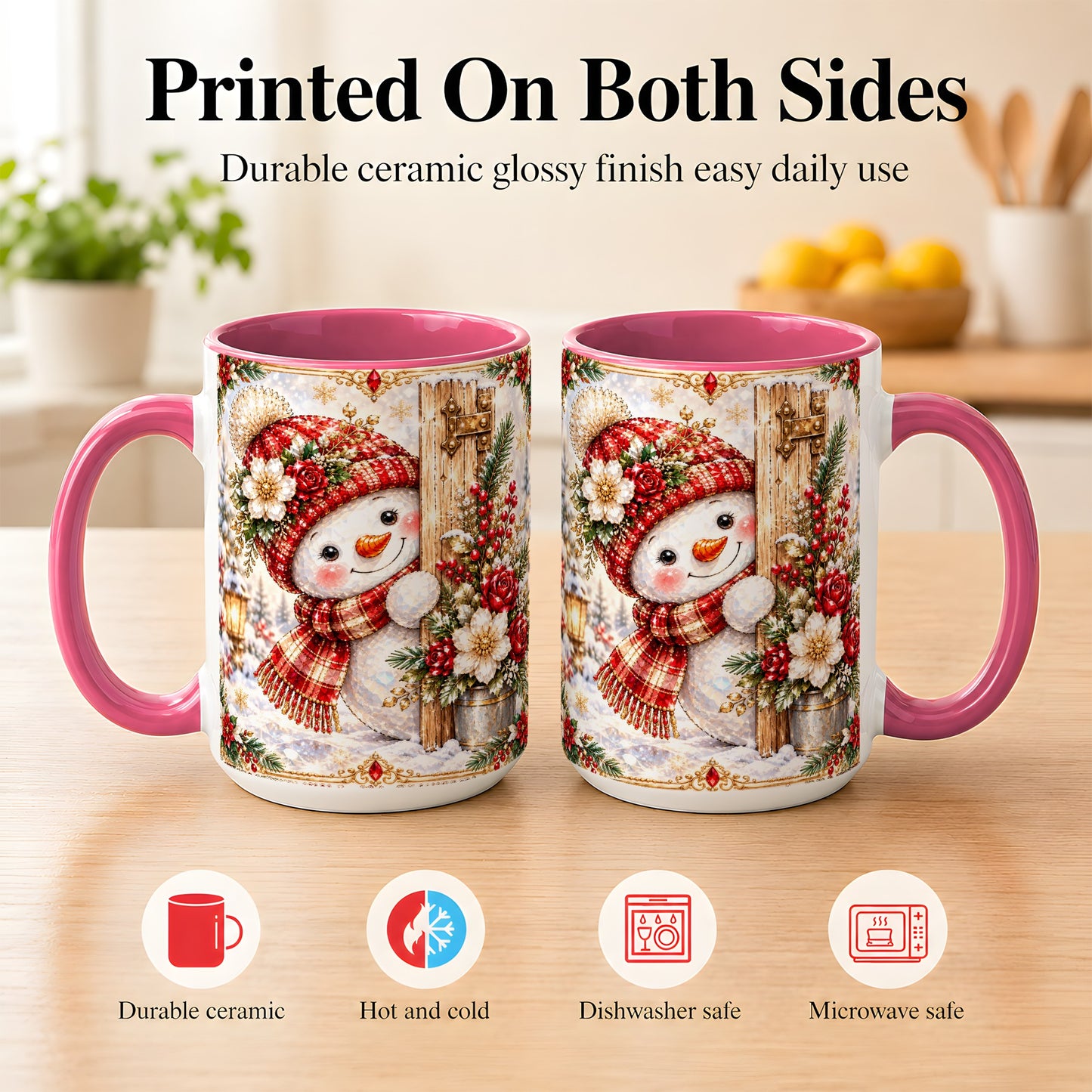 #pl[15oz|Pink] Christmas Snowman Coffee Mug, Red Floral Winter Mug, Ceramic Cup