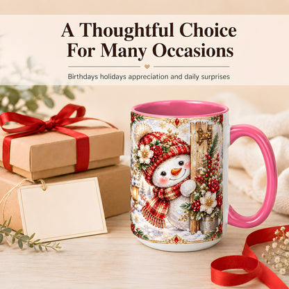 #pl[15oz|Pink] Christmas Snowman Coffee Mug, Red Floral Winter Mug, Ceramic Cup
