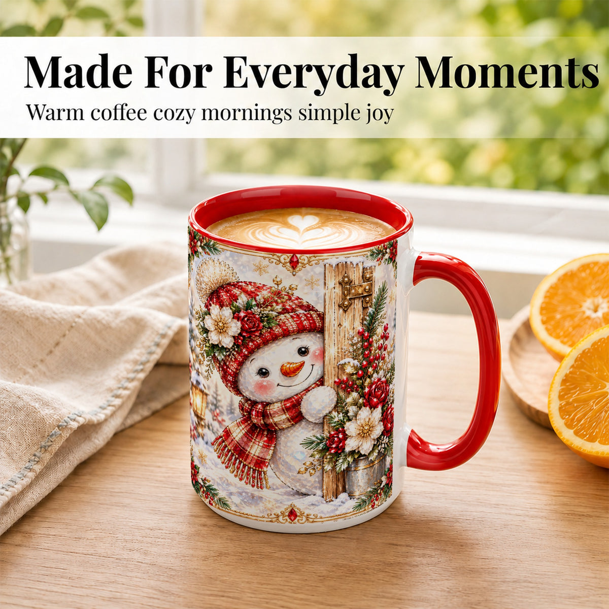 #pl[15oz|Red] Christmas Snowman Coffee Mug, Red Floral Winter Mug, Ceramic Cup